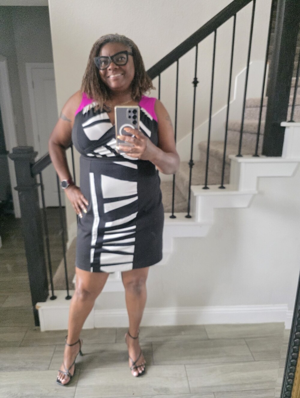 Calvin Klein Black & White Geometric Midi Dress with Magenta Shoulder Accents